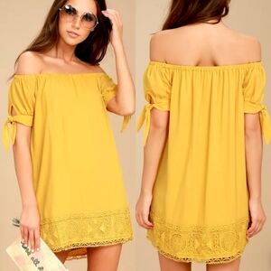 Lulus Moment in the Sun Mustard Yellow Lace Off-the-Shoulder Dress Womens Small